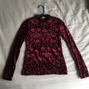 Sheer Mock Neck with Maroon Velvet Pattern